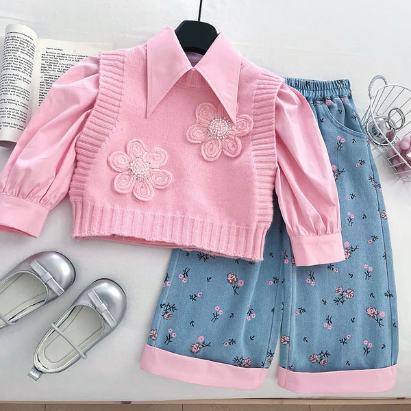 Autumn Girls Knitted Vest Shirt Printed Jeans Three-Piece Set