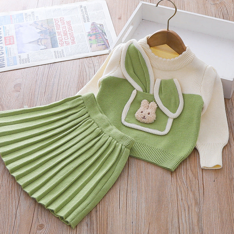 Cute Baby Girl Bunny Sweater Dress Printed Two Piece Winter Dresses