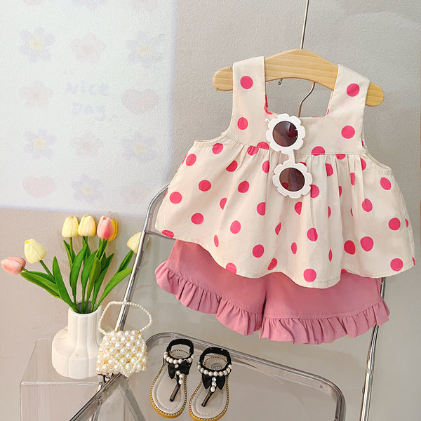 Girls Summer New Polka Dot Bow Top Shorts Two-piece Set