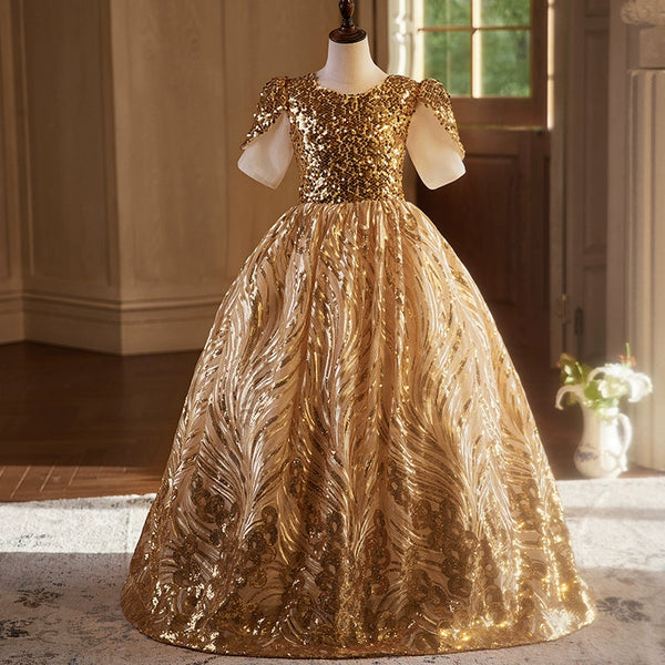 Elegant Baby Gold Patterned Sequin Party Dress Toddler Girls Pageant Dresses