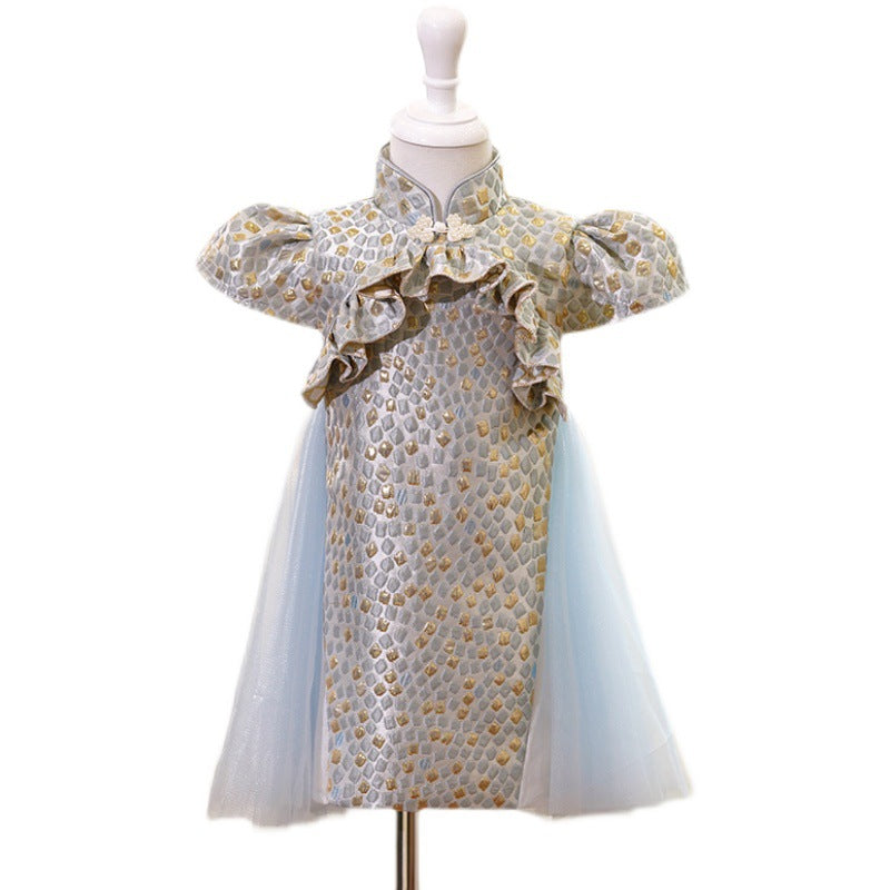 Elegant Baby Pattern Puff Sleeves Button-up One-year-old Dress Toddler Ball Gowns