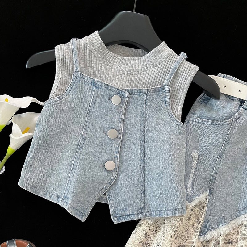 Girls' Summer Lace-Panel Denim Top Vest Skirt Three-Piece Set