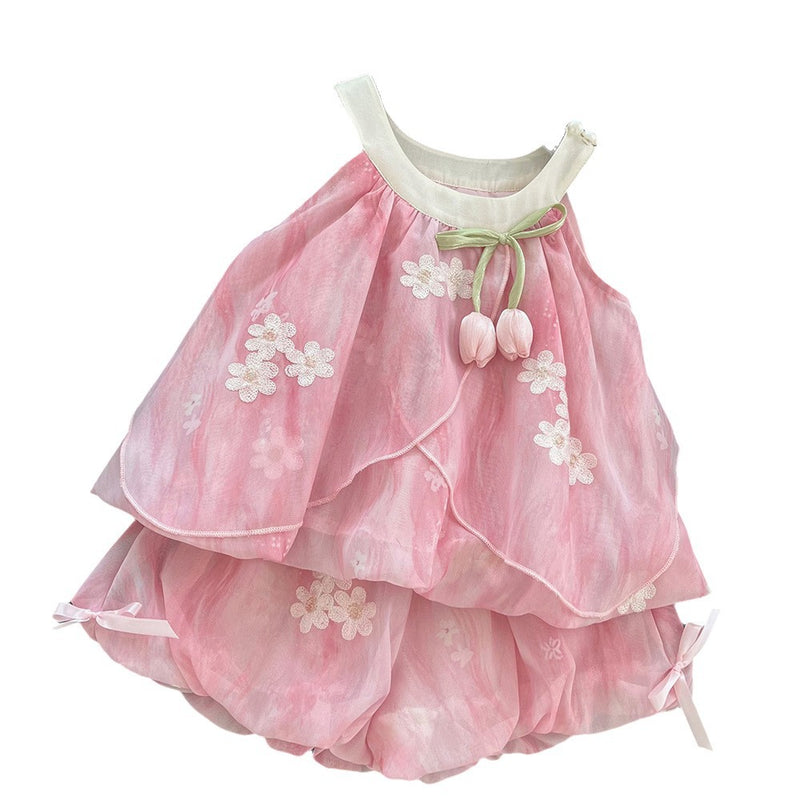 Girls Summer New Embroidered Suspender Shorts Two-piece Suit
