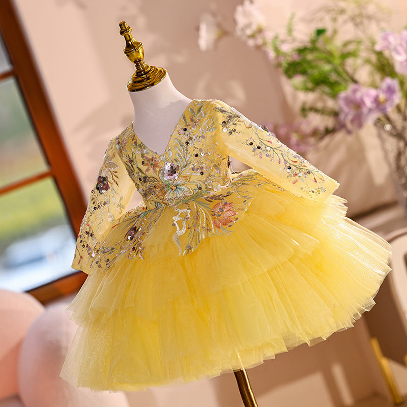 Children's Yellow Party Dress Girls Birthday Puffy Princess Dress