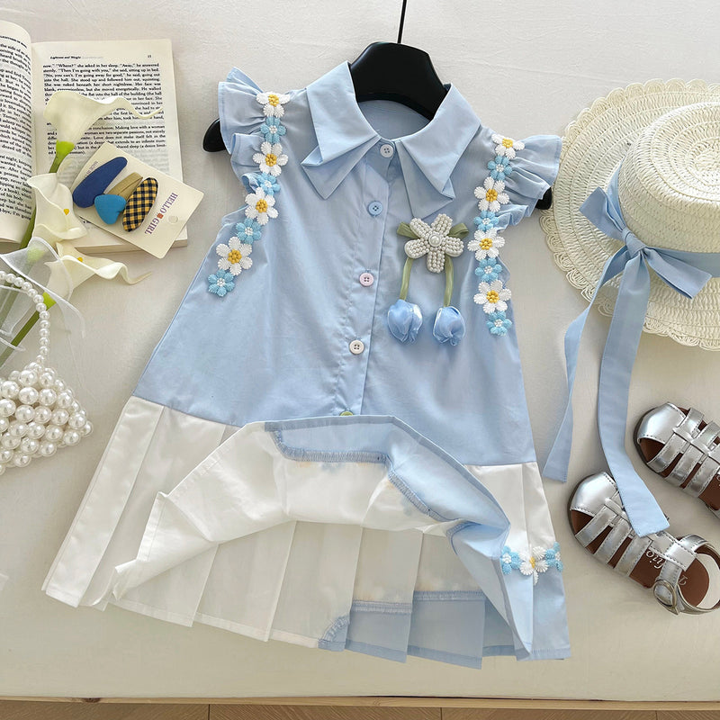 Girls Summer Flying Sleeve Flower Pleated Colorblock Princess Dress