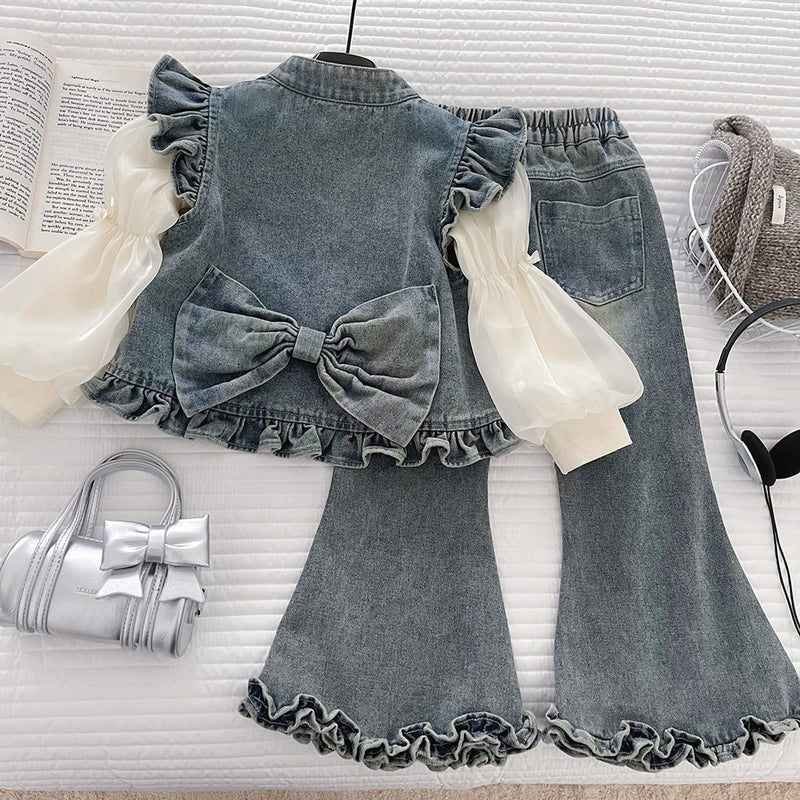 Girls' Autumn Base Layer Denim Vest Flared Pants Three-Piece Set