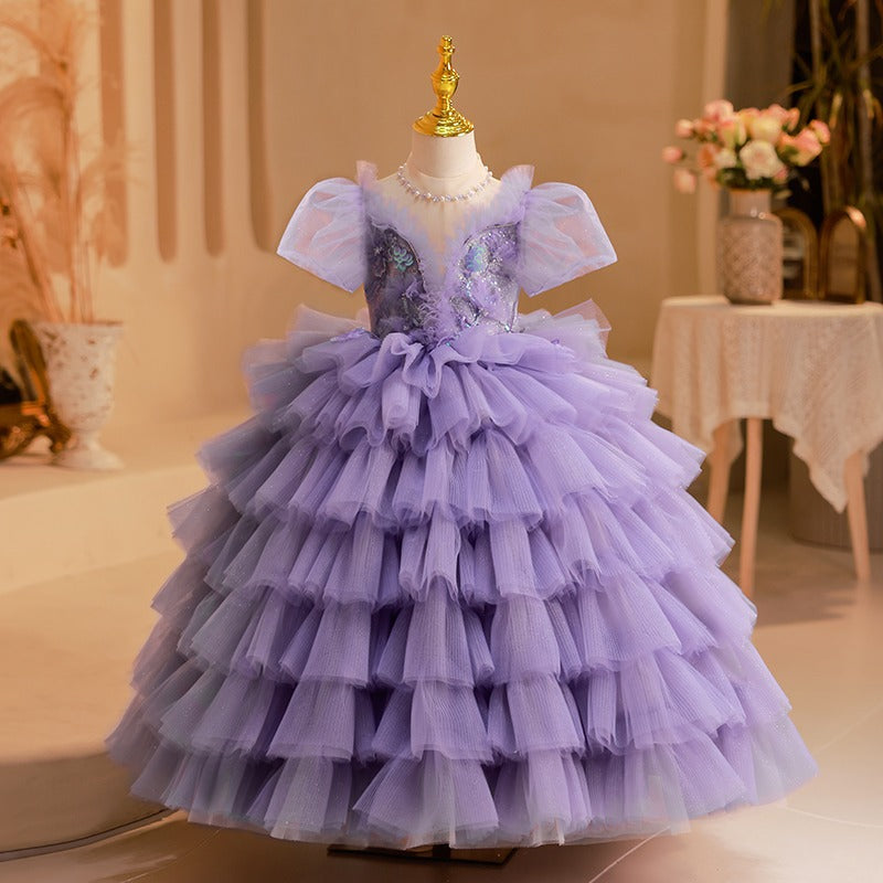 Flower Girl Dress Children Formal Pageant Purple Flower Fluffy Cute Princess Dress