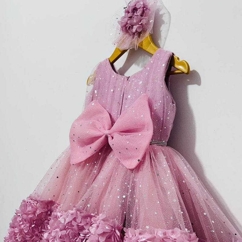 Elegant Baby Girl Sleeveless Sequin Princess Dress Girl Toddler New Year Bow Dress