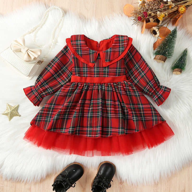 Red Children's Birthday Dress Girls New Year Christmas Plaid Princess Dress