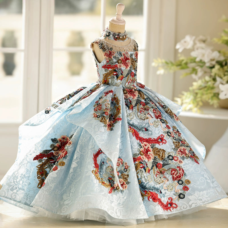Girls Blue Beauty Pageant Dress Children's Birthday Princess Dress