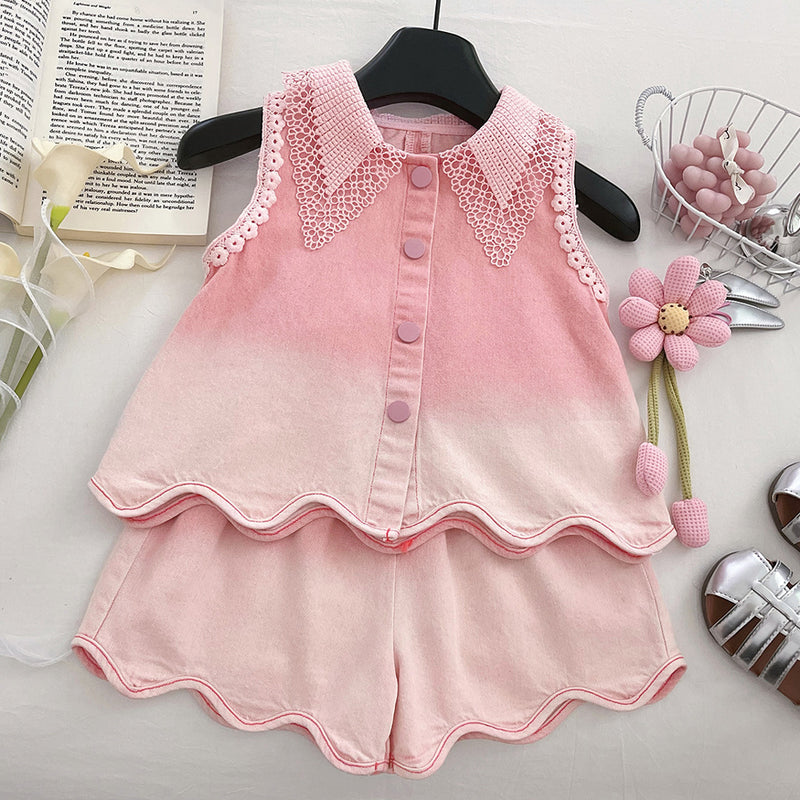 Girls' New Summer Lace Sleeveless Denim Top and Shorts Two-piece Set