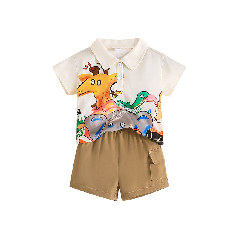 Summer New Baby Cartoon Animal Square Collar Top Shorts Two-piece Set