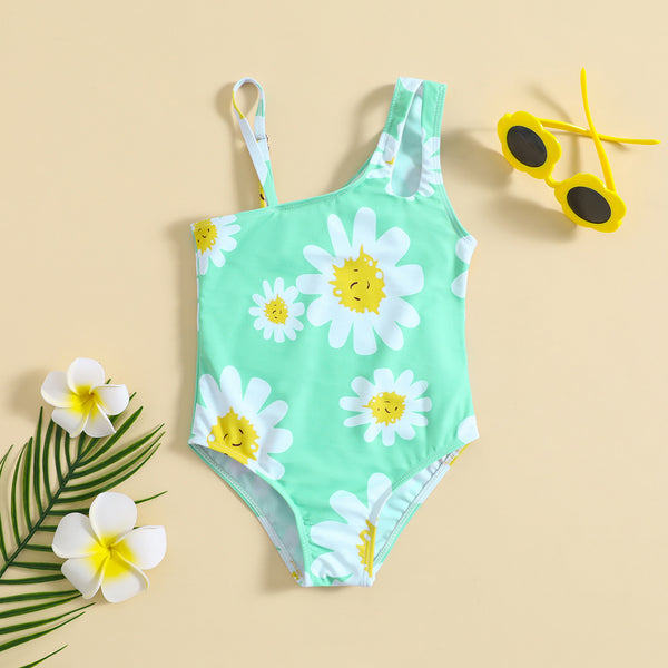 Cute Girls Floral One-shoulder Sling Swimsuit