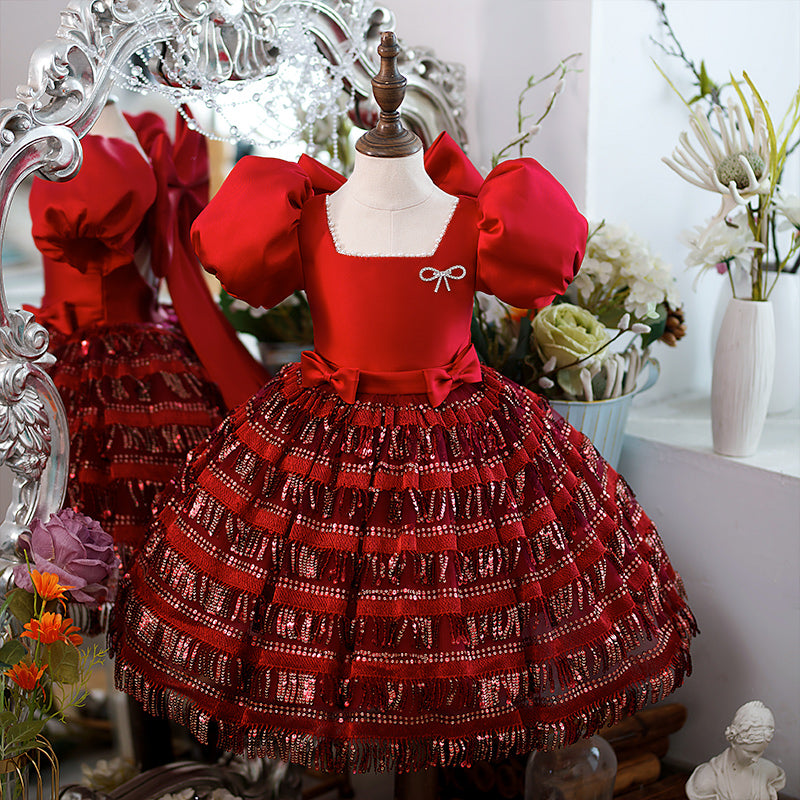 Girl Christmas Dress Toddler Prom Dress Girl Party Pageant Sequin Big Bowknot Fluffy Princess Dress