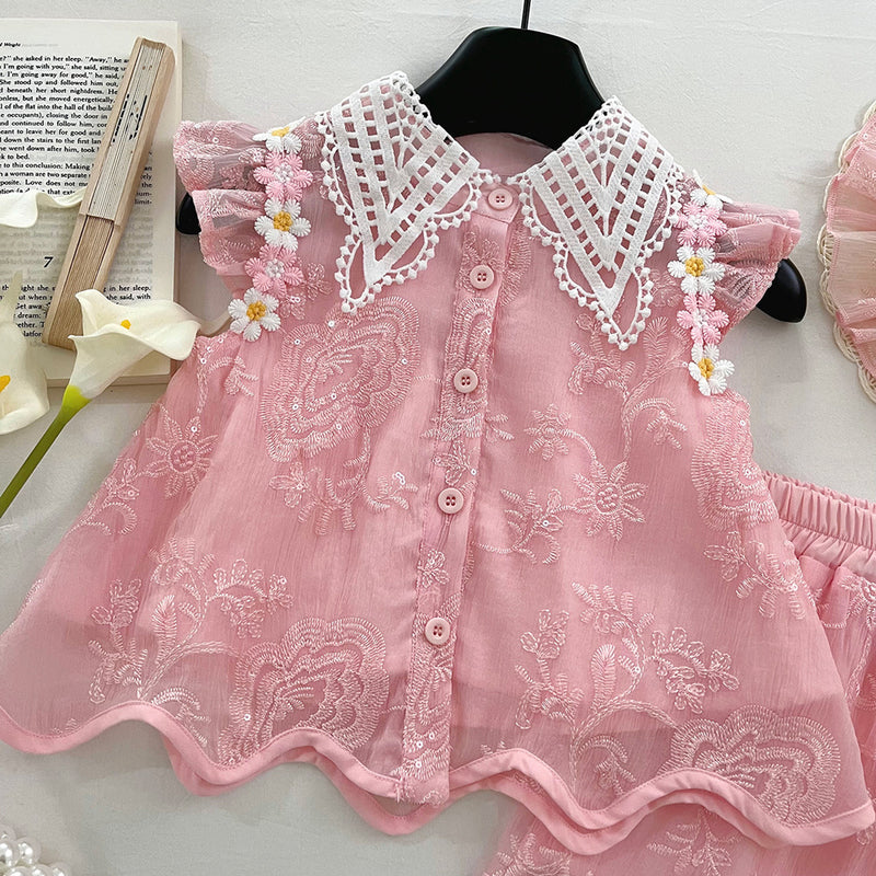 Girls Summer Flying Sleeve Embroidered Top and Shorts Two-piece Set