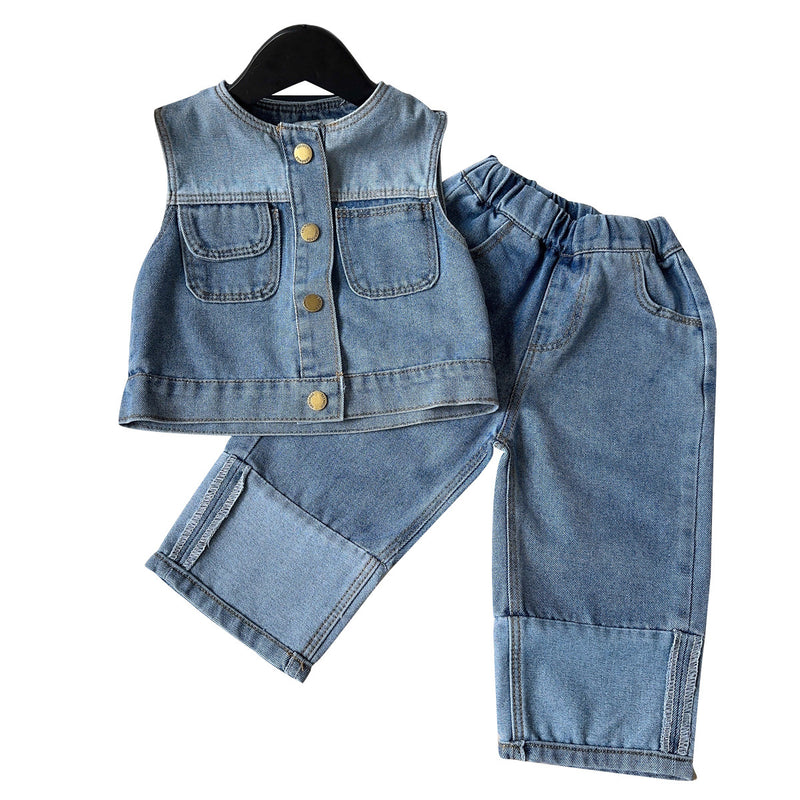 Girls Retro Denim Vest Pants Two-Piece Set