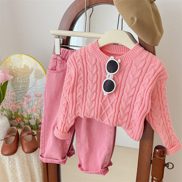 Girls' Knitted Sweater and Pants Two-piece Set