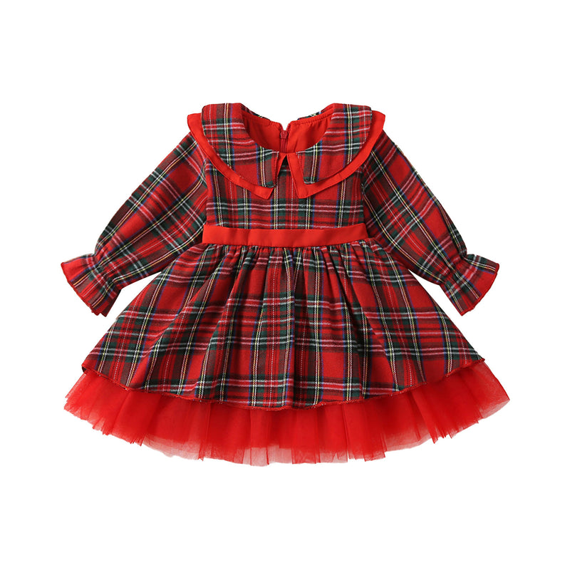 Red Children's Birthday Dress Girls New Year Christmas Plaid Princess Dress