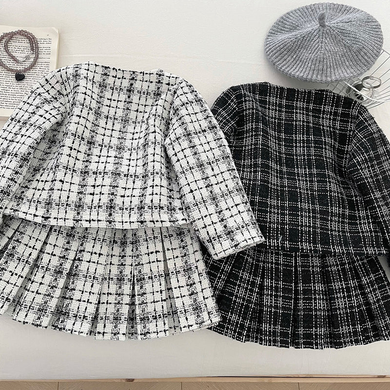 Girls' Autumn New Plaid Jacket and Short Skirt Two-piece Suit