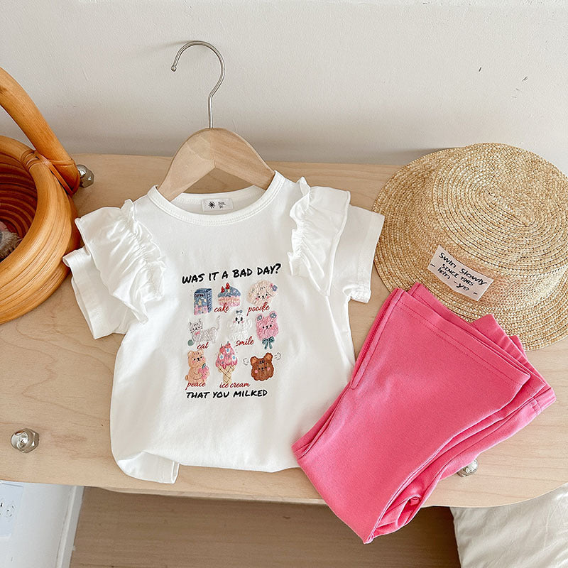 Girls Summer Ruffle Top Flared Pants Two-piece Set