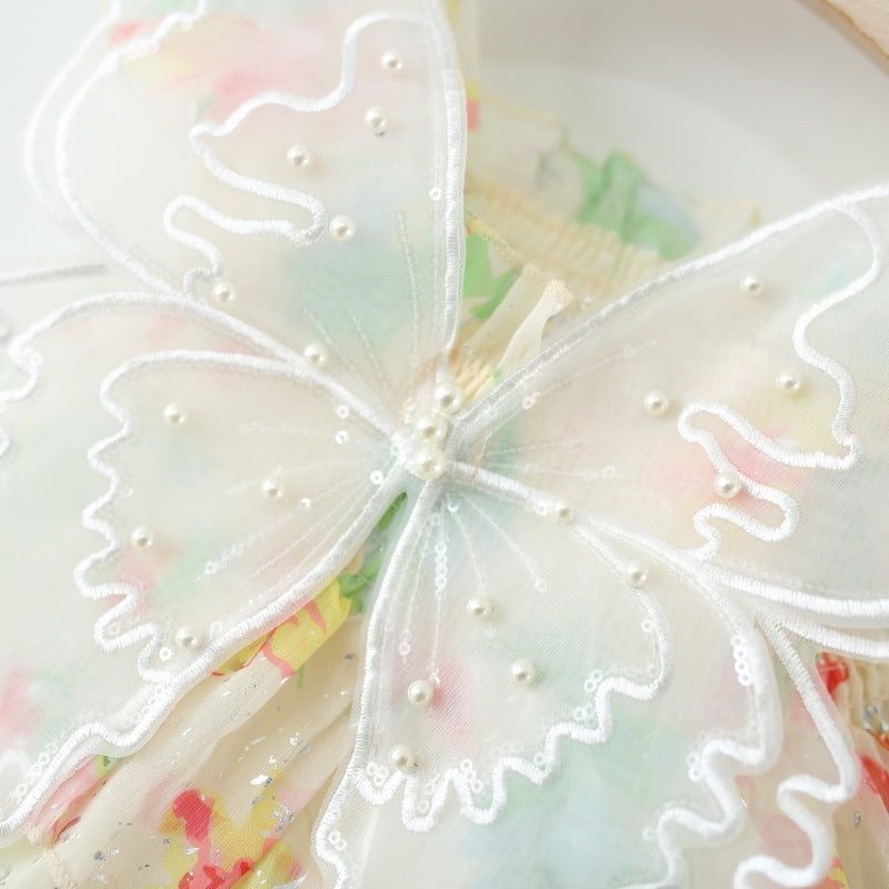Summer Girls Floral Butterfly Wing Cake Princess Dress
