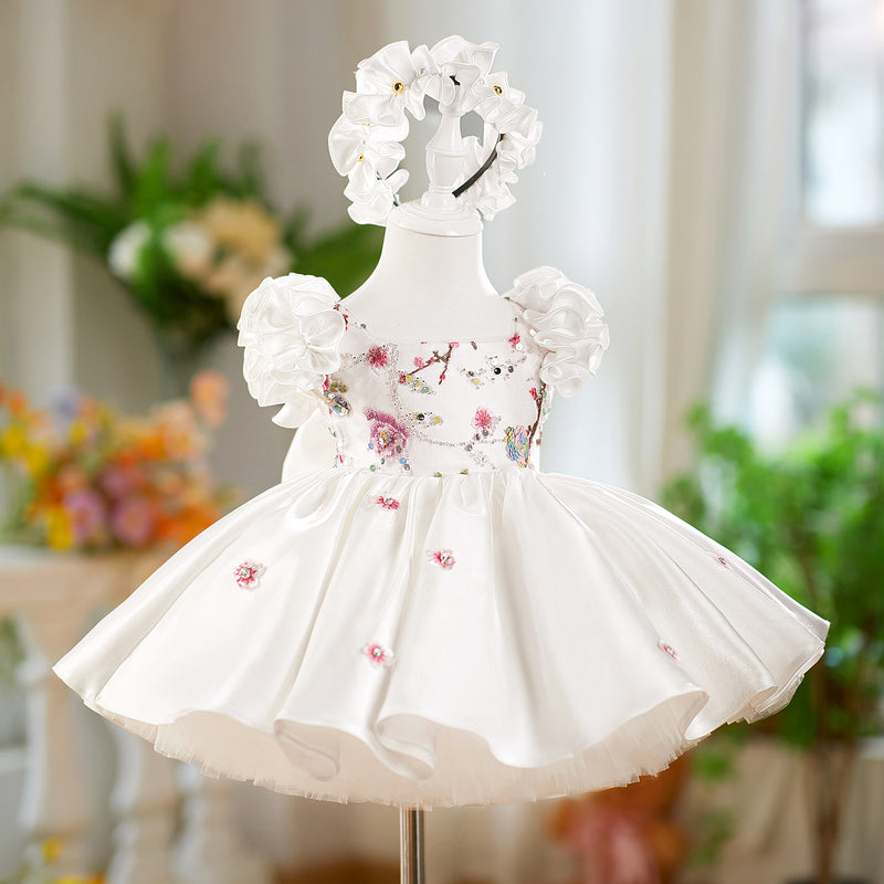 Girls White Birthday Satin Dress Flower Girl Puffy Princess Dress