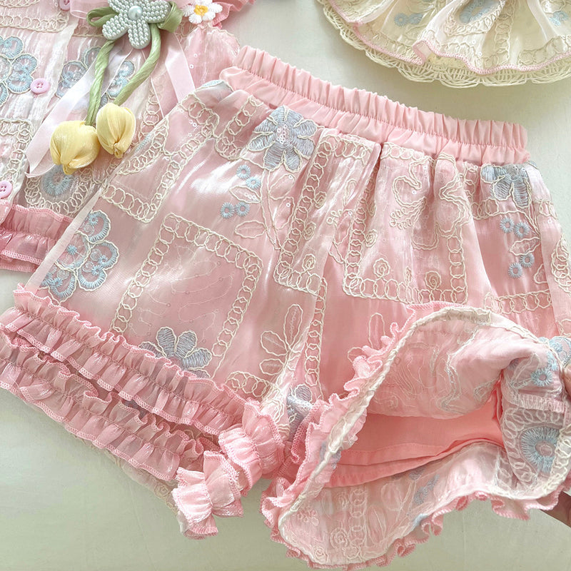 3D Flower Flying Sleeve Top Bow Lace Shorts Two-piece Set