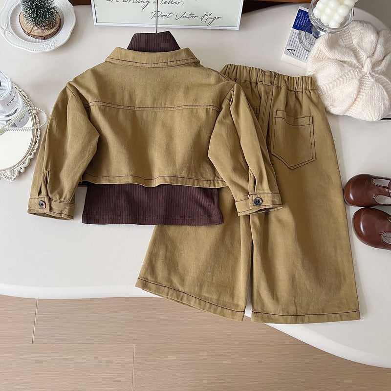 New Girls Autumn Khaki Jacket Bottoming Shirt Trousers Three-piece Set