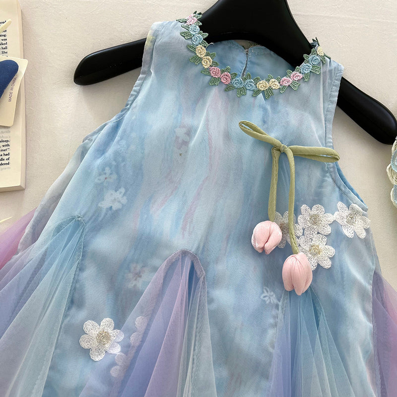 Girls Summer New Sleeveless Mesh Splicing Vest Princess Dress