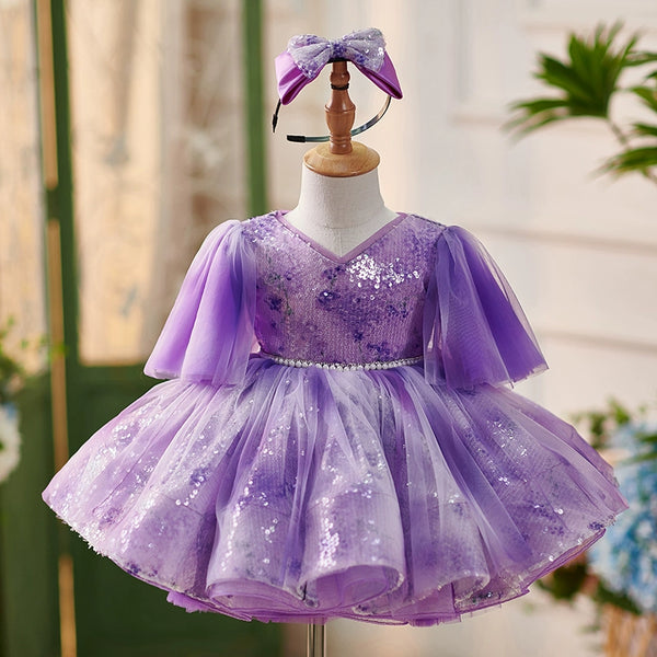 Toddler First Communion Dress Girl Purple Fluffy Sequins Princess Dress