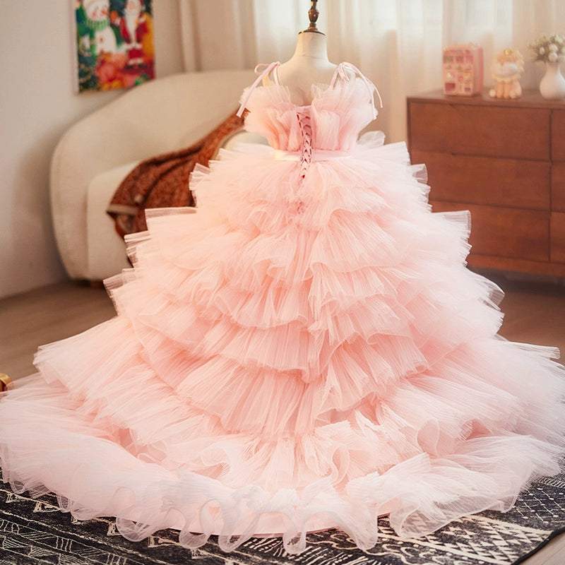 Pink Girls Dress with Train Christmas Flower Girl Dress Pink Girls Dress with Train Christmas Flower Girl Dress
