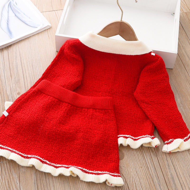 Cute Baby Girl Bow-knot Winter Dress Infant Knitted Sweater Two Piece Set Dress