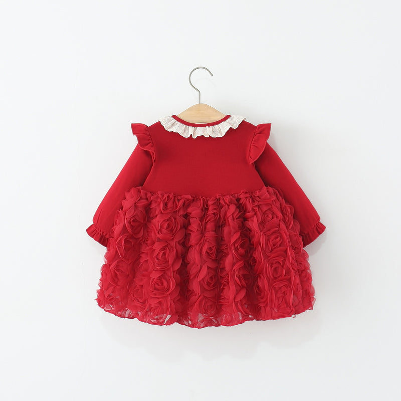 Girls Autumn Long Sleeve Bowknot 3D Rose Princess Dress