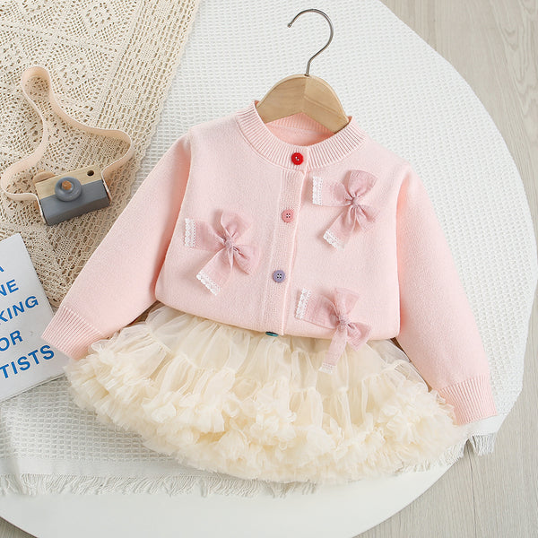 Girls Bowknot Solid Color Knitted Cardigan Mesh Tulle Puffy Skirt Two-Piece Set