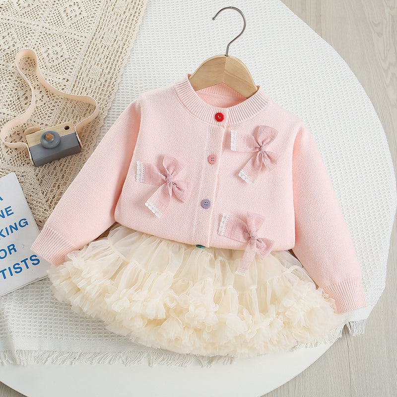 Girls Bowknot Solid Color Knitted Cardigan Mesh Tulle Puffy Skirt Two-Piece Set