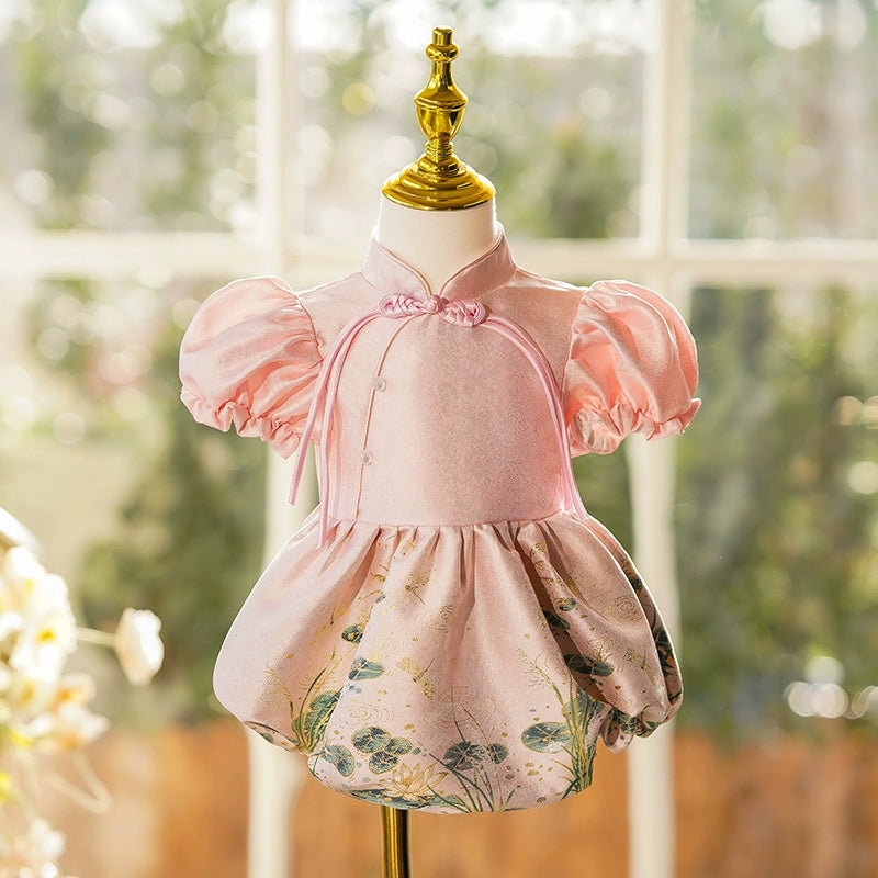 Pink Lotus Leaf Pattern Buckle Baby Romper