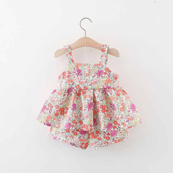 Summer New Girls Floral Suspender Shorts Two-piece Suit