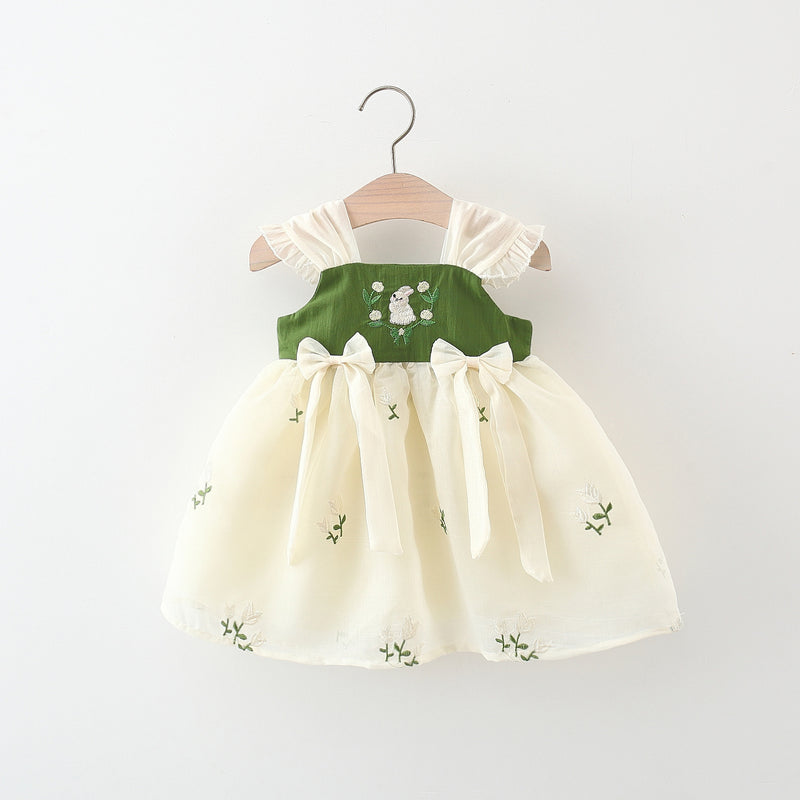 Girls Summer Dress Girls Rabbit Embroidered Suspender Dress