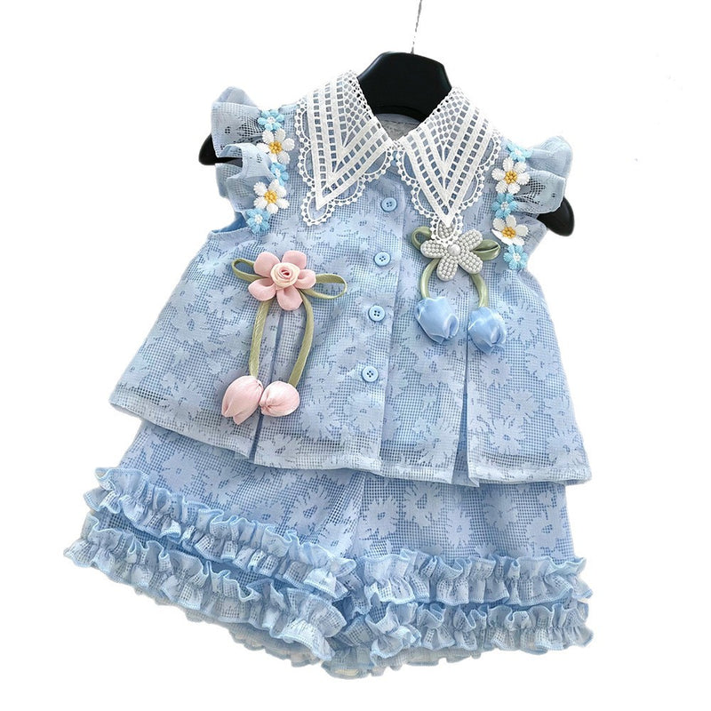 Girls Flying Sleeves Bowknot Babydoll Shirt Shorts Two-piece Set