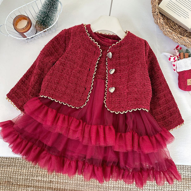 Winter Girls' New Year Coat Vest Dress Two-piece Suit