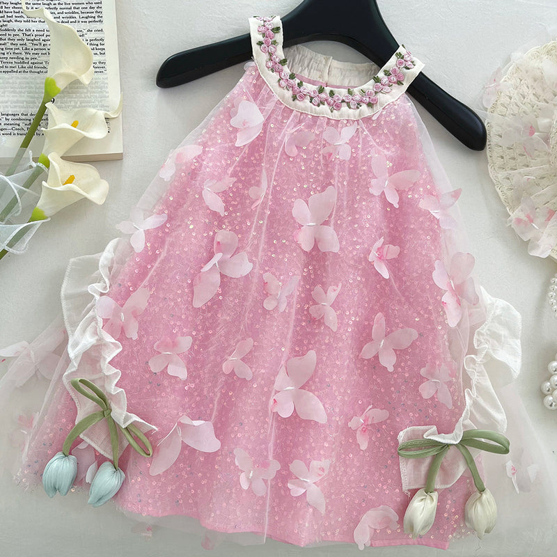 Girls Summer New Cute 3D Butterfly Lace Mesh Dress