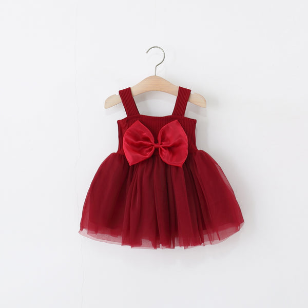 Girls Summer Bowknot Suspender Mesh Princess Vest Dress