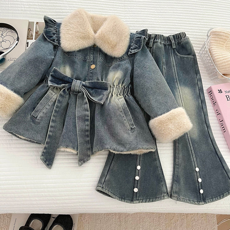 Girls' Winter Denim Jacket Flared Pants Two-piece Set