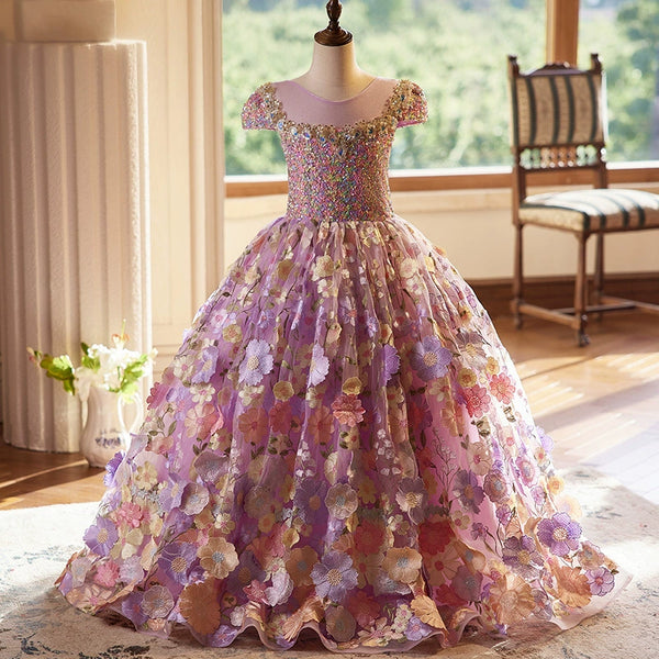 Elegant Baby Purple Floral Sequin Princess Dress Toddler Prom Dress