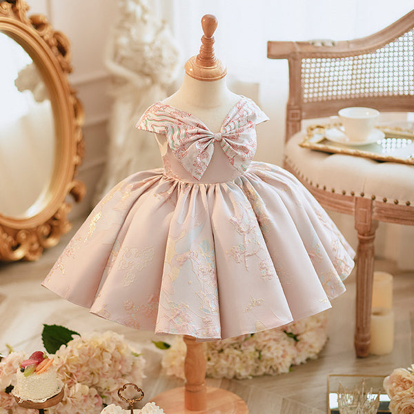 Elegant Baby Girls Pattern Bow Christening Dresses Toddler Party Princess Dresses