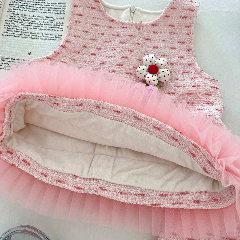 Girls' 3D Floral Mesh Lace Vest Skirt Two-piece Set