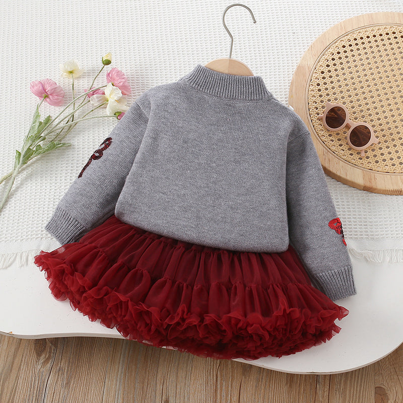 Girls' Sequin Bow Knitted Pullover Tutu Skirt Two-Piece Set