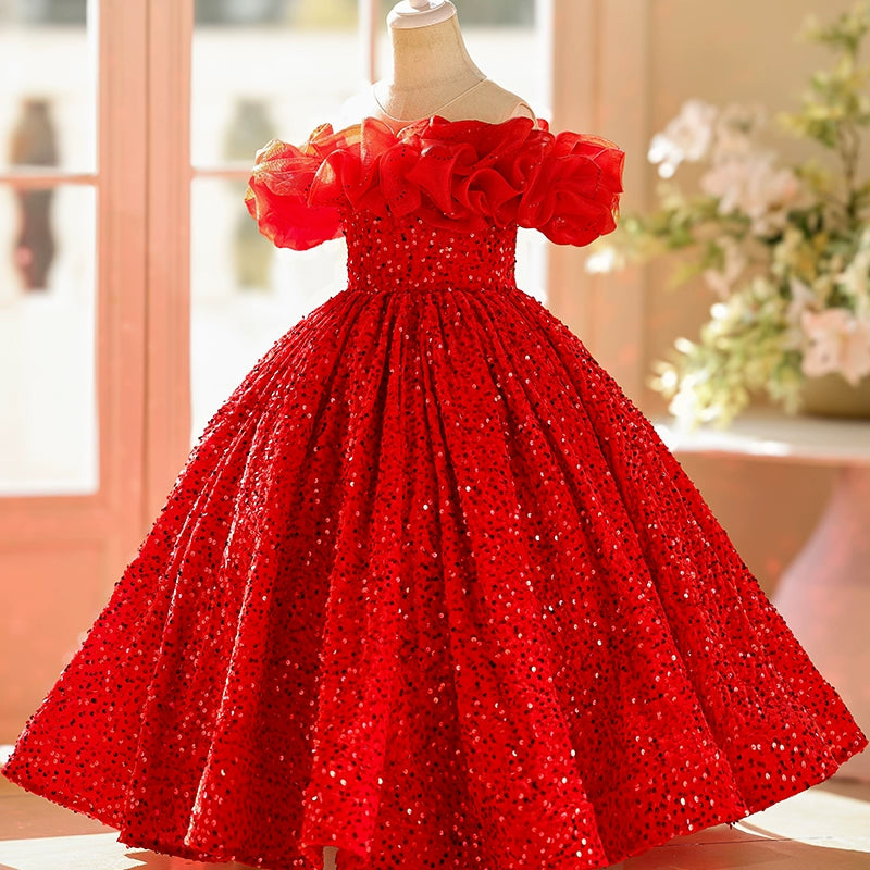 Girls Birthday Dress Children's Red Princess Dress Flower Girl Wedding Dress