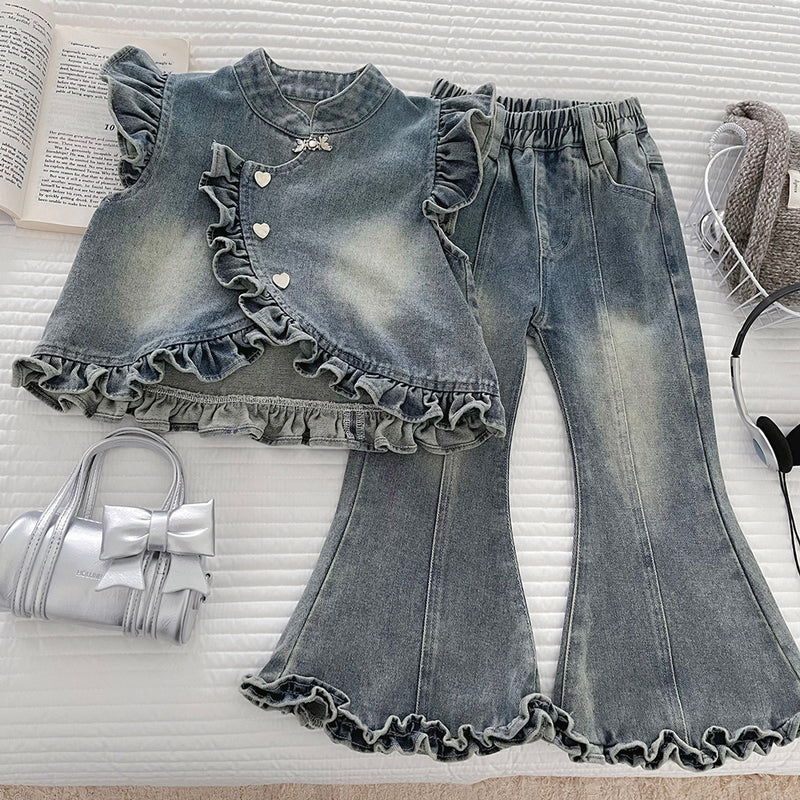 Girls' Autumn Base Layer Denim Vest Flared Pants Three-Piece Set