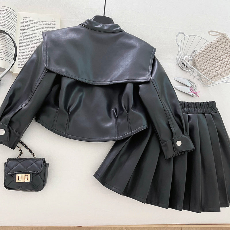 Girls' Autumn Soft PU Leather Short Skirt Two-Piece Set